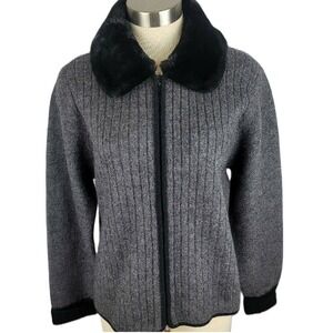 Herman Geist Knit Sweater Womens Large Gray Black Faux Fur 100% Wool Collar Zip